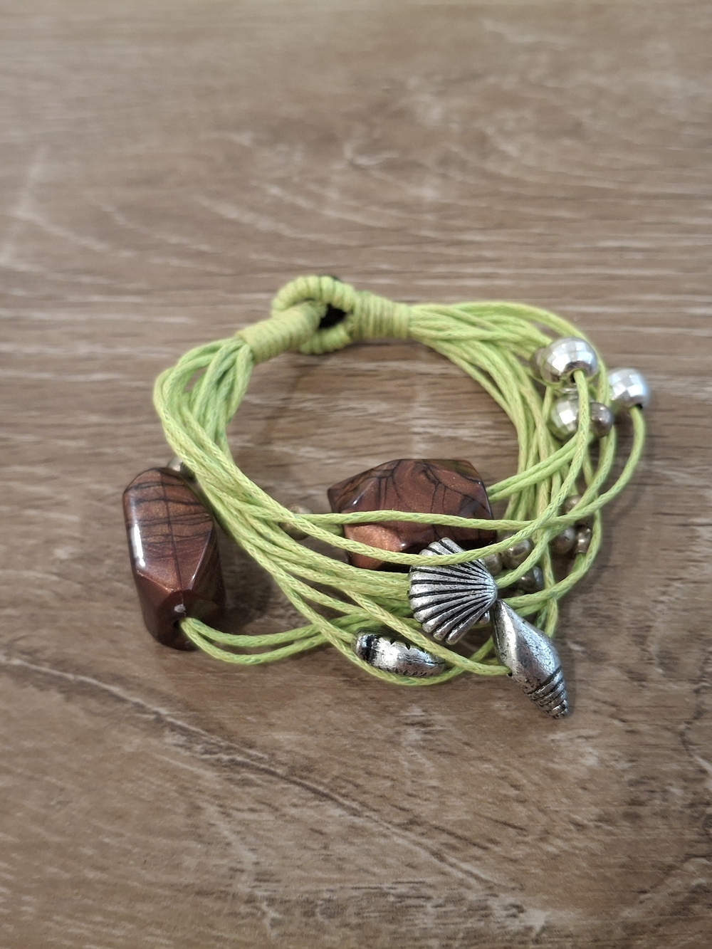 Boho Multi-Strand Cord Shell & Wooden Bead Charm Bracelet